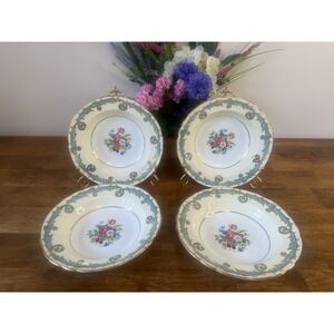 Aynsley England Bone China Soup Bowls Set of 4 Blue Scroll Floral Gold Trim